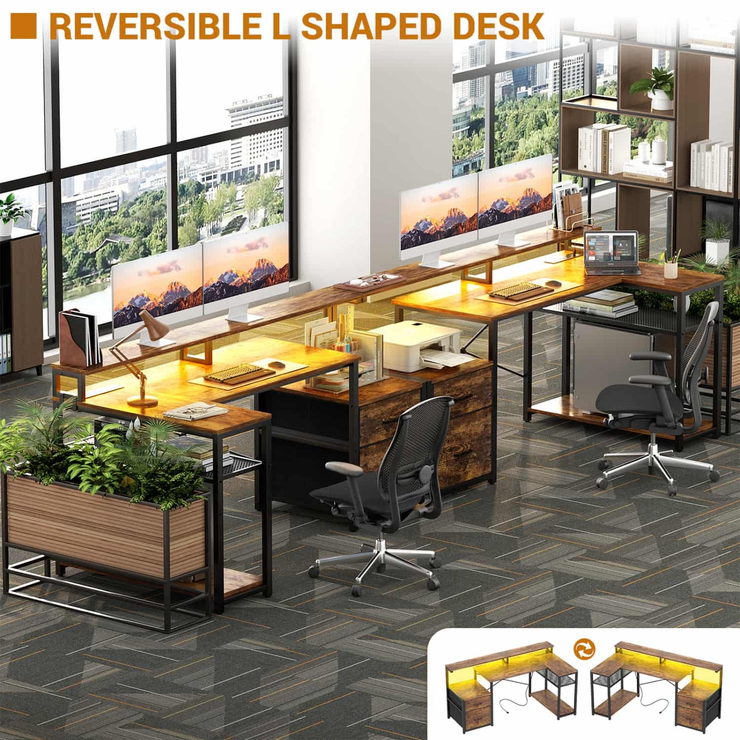 57-In L Shaped Computer Desk with Charging Station for Home Office