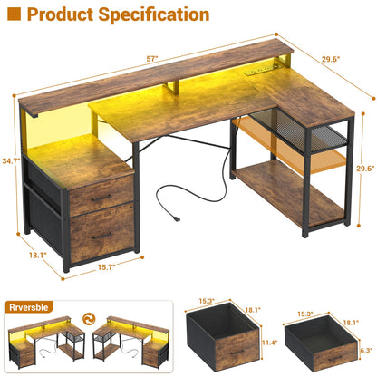 57-In L Shaped Computer Desk with Charging Station for Home Office