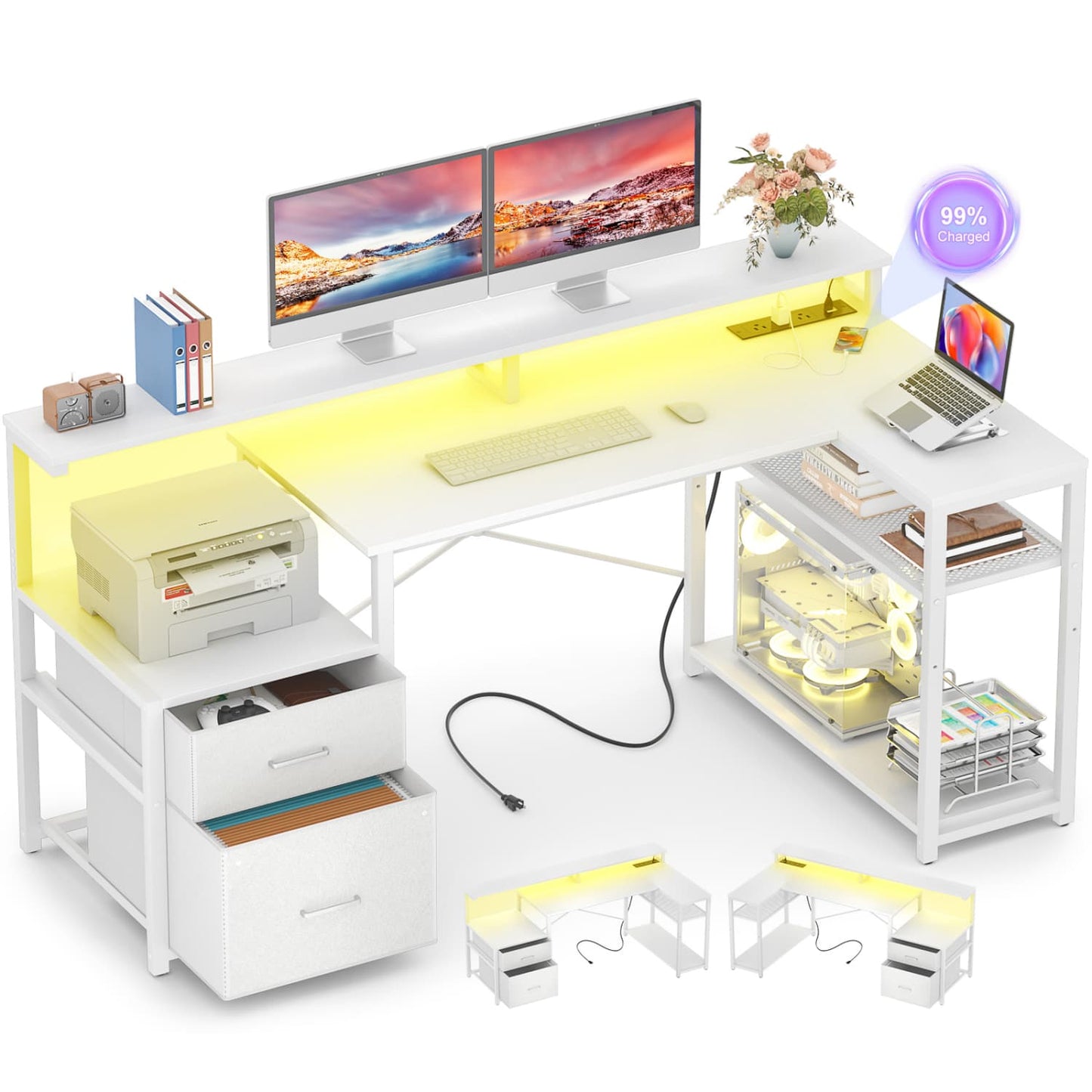 57-In L Shaped Computer Desk with Charging Station for Home Office