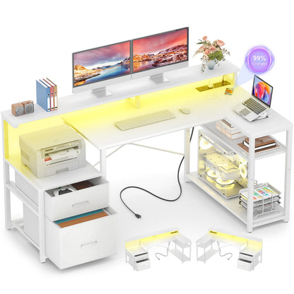 57-In L Shaped Computer Desk with Charging Station for Home Office