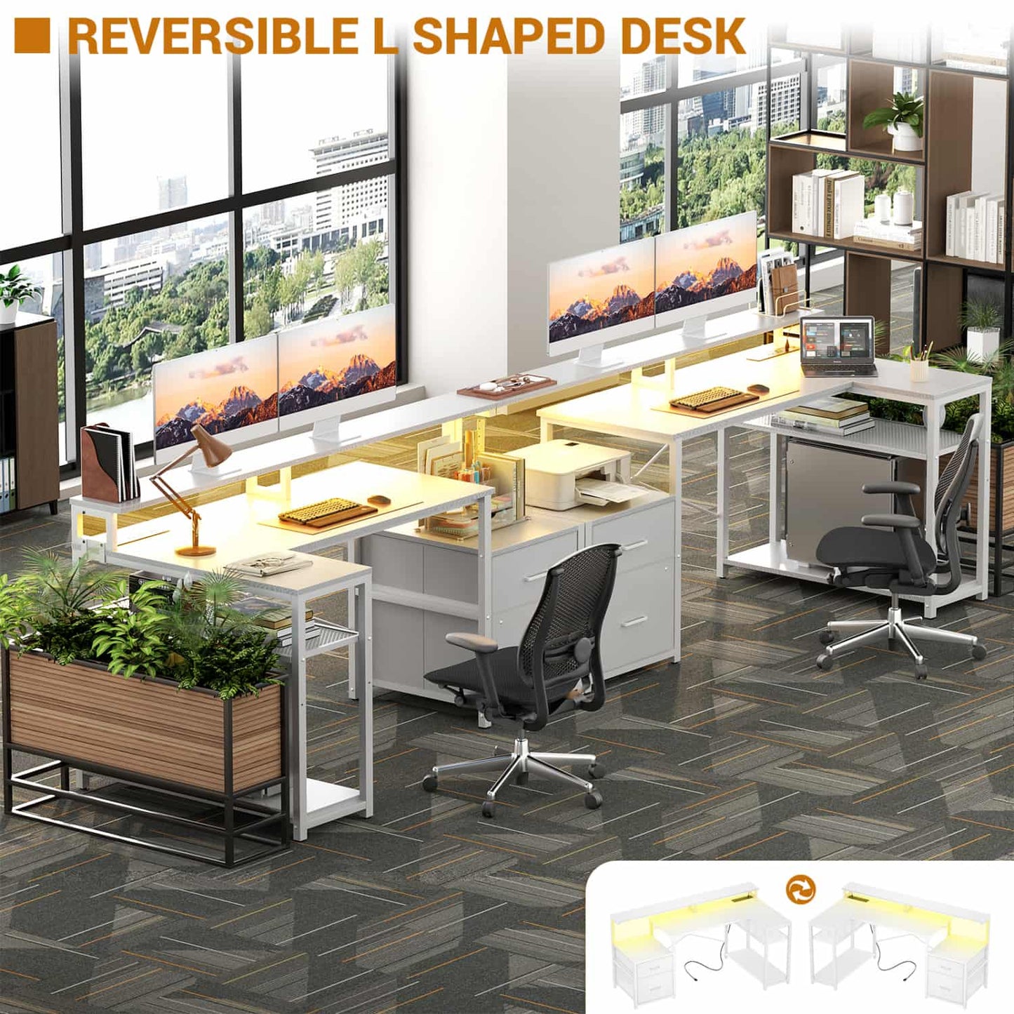 57-In L Shaped Computer Desk with Charging Station for Home Office