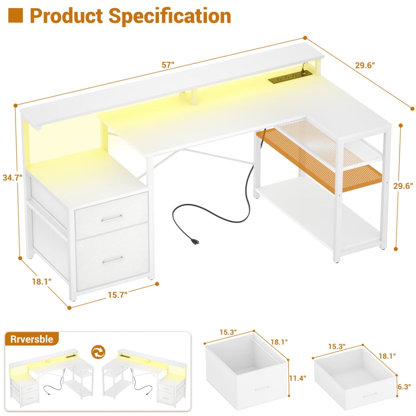 57-In L Shaped Computer Desk with Charging Station for Home Office