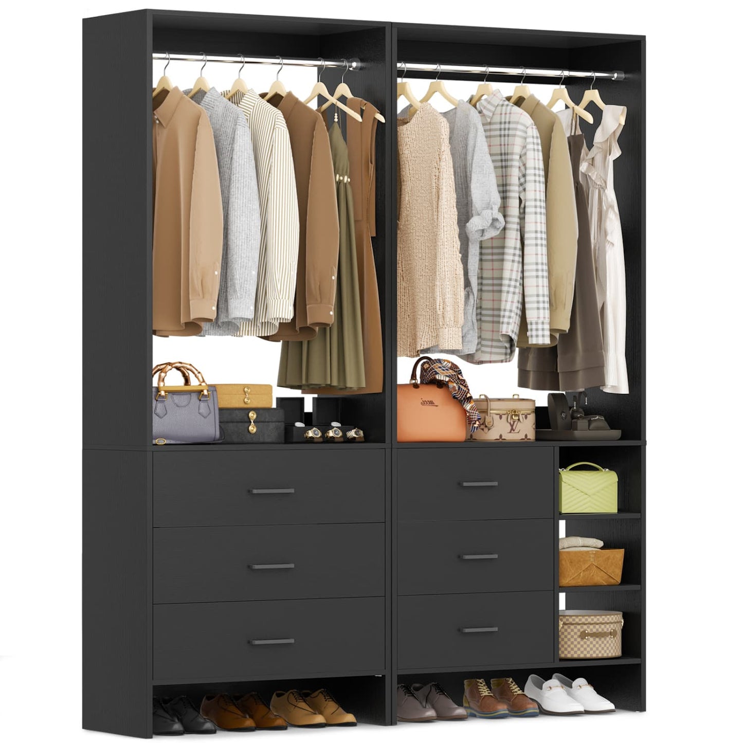 54-In Closet System Set with Wood Drawers, Freestanding Closet Organizer with Hanging Rods