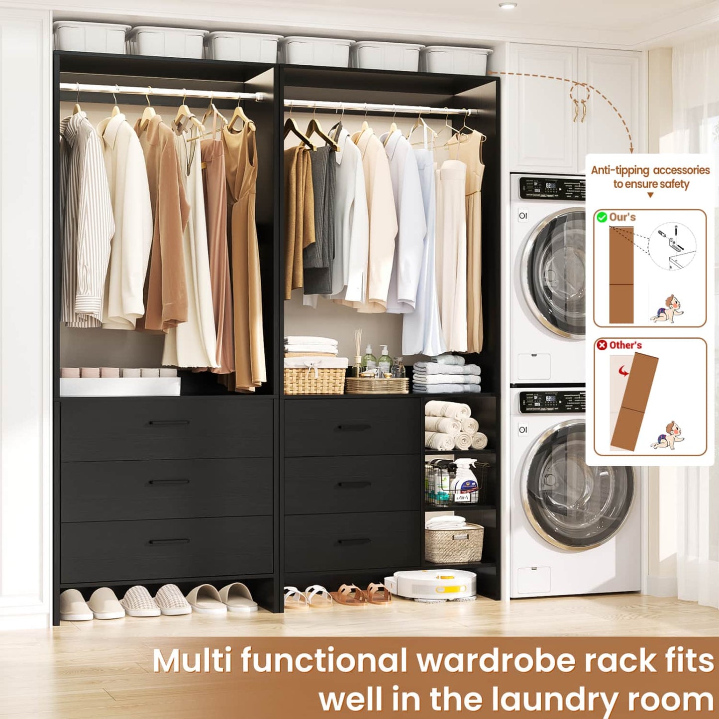 54-In Closet System Set with Wood Drawers, Freestanding Closet Organizer with Hanging Rods