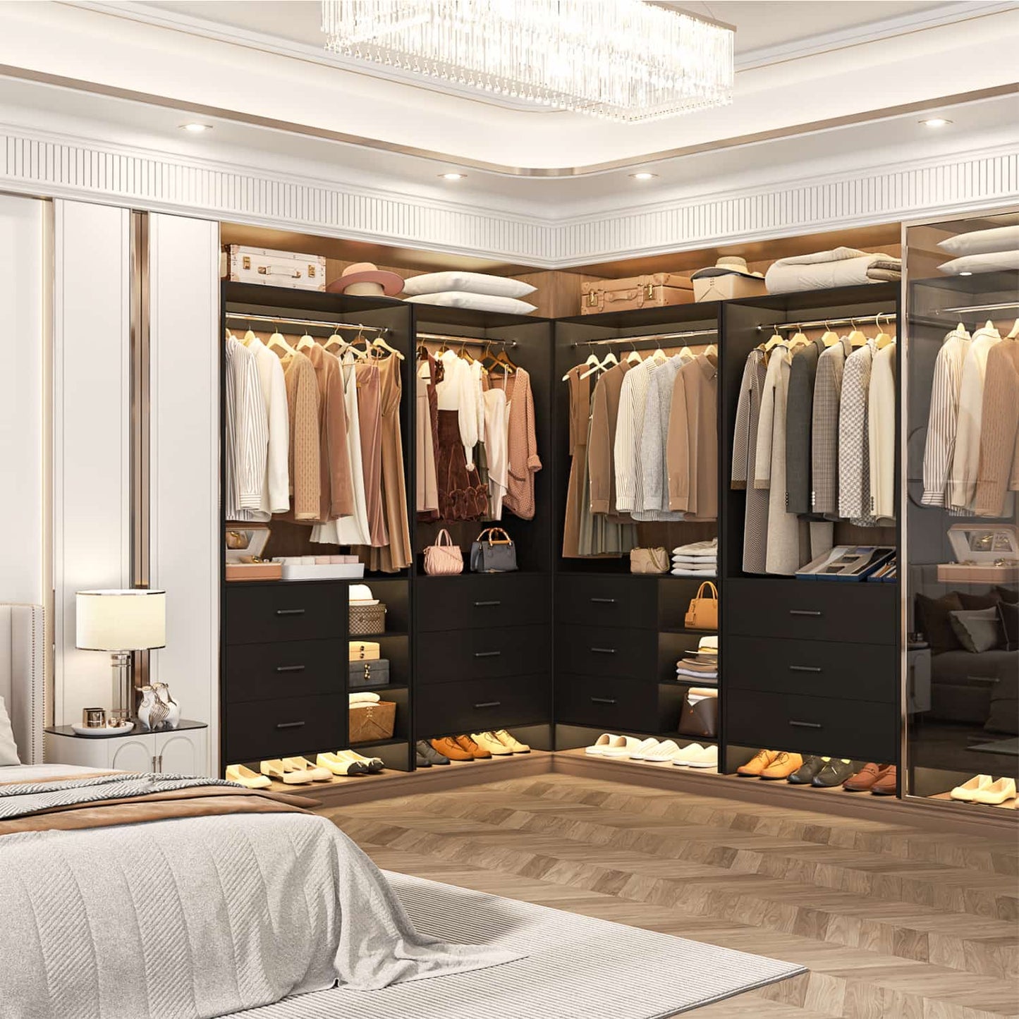 54-In Closet System Set with Wood Drawers, Freestanding Closet Organizer with Hanging Rods