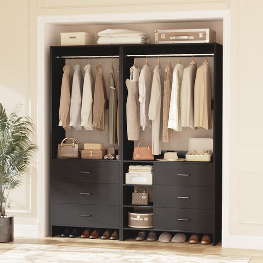 54-In Closet System Set with Wood Drawers, Freestanding Closet Organizer with Hanging Rods