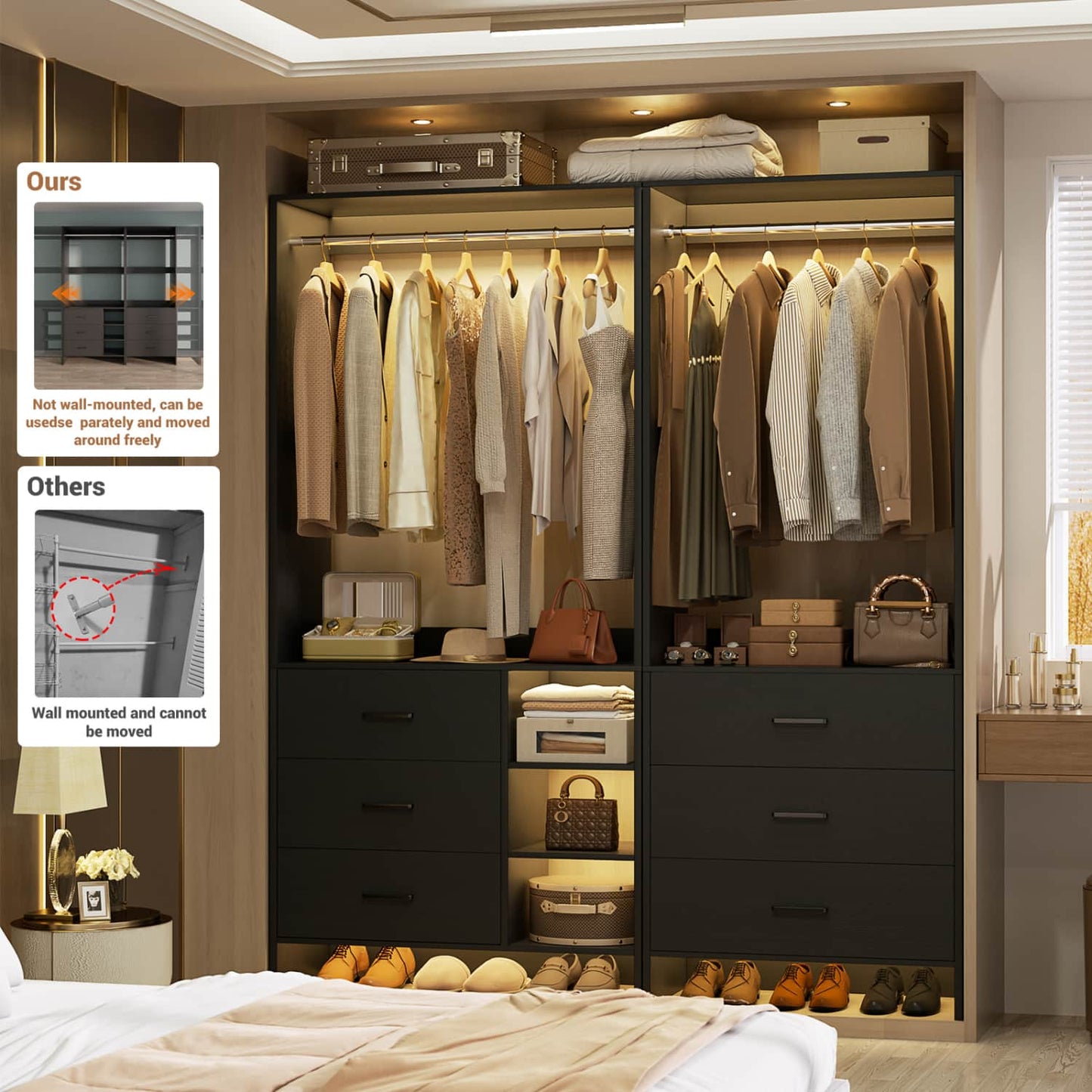 54-In Closet System Set with Wood Drawers, Freestanding Closet Organizer with Hanging Rods