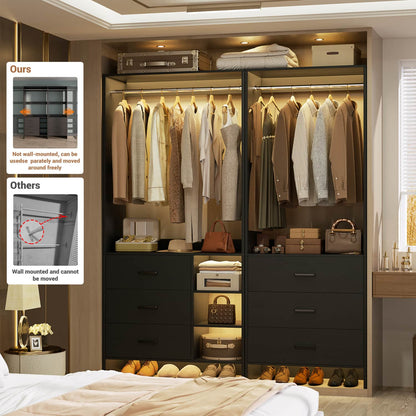 54-In Closet System Set with Wood Drawers, Freestanding Closet Organizer with Hanging Rods