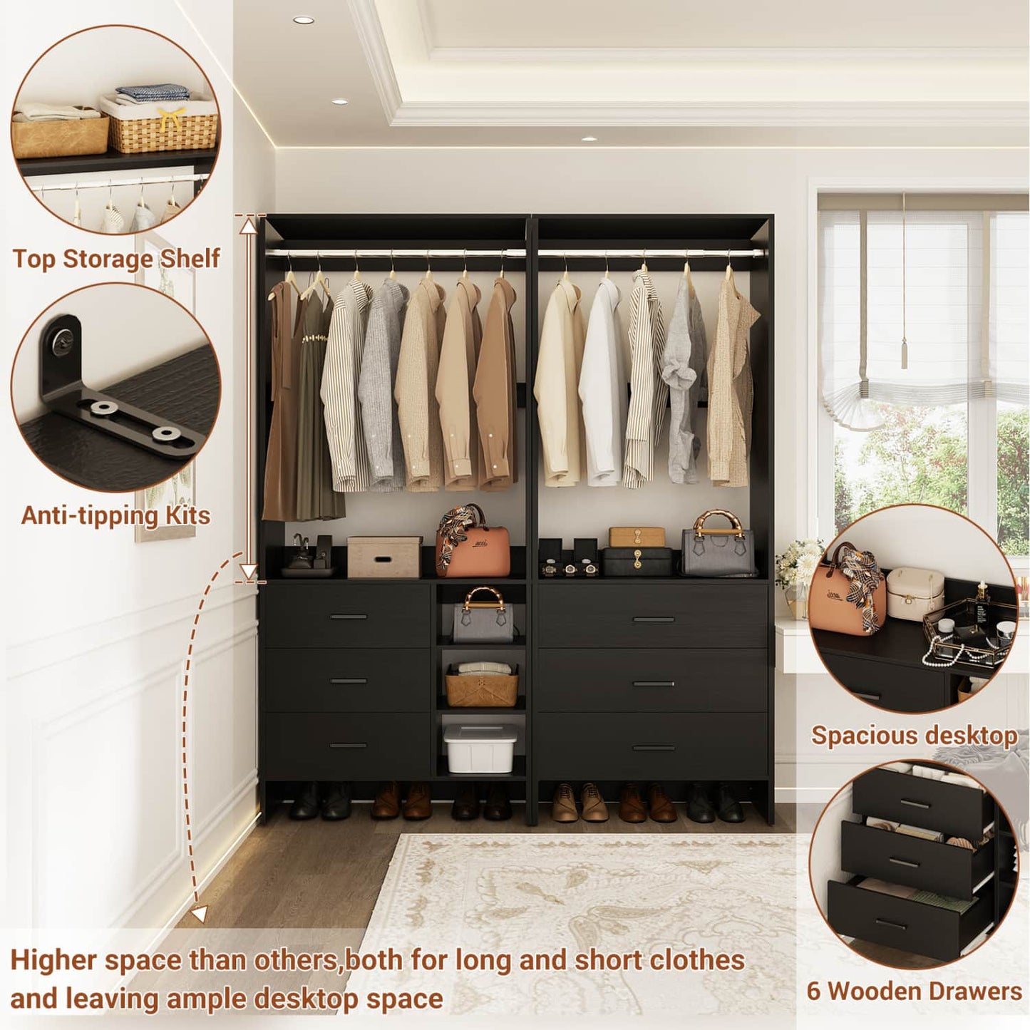 54-In Closet System Set with Wood Drawers, Freestanding Closet Organizer with Hanging Rods
