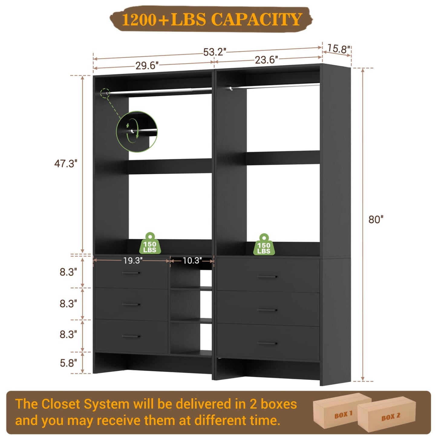 54-In Closet System Set with Wood Drawers, Freestanding Closet Organizer with Hanging Rods