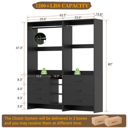 54-In Closet System Set with Wood Drawers, Freestanding Closet Organizer with Hanging Rods