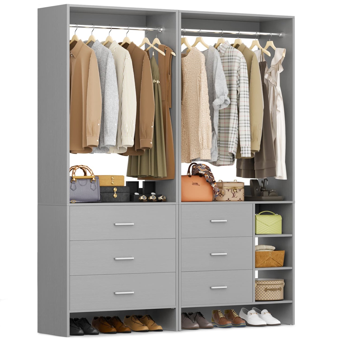 54-In Closet System Set with Wood Drawers, Freestanding Closet Organizer with Hanging Rods