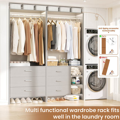 54-In Closet System Set with Wood Drawers, Freestanding Closet Organizer with Hanging Rods