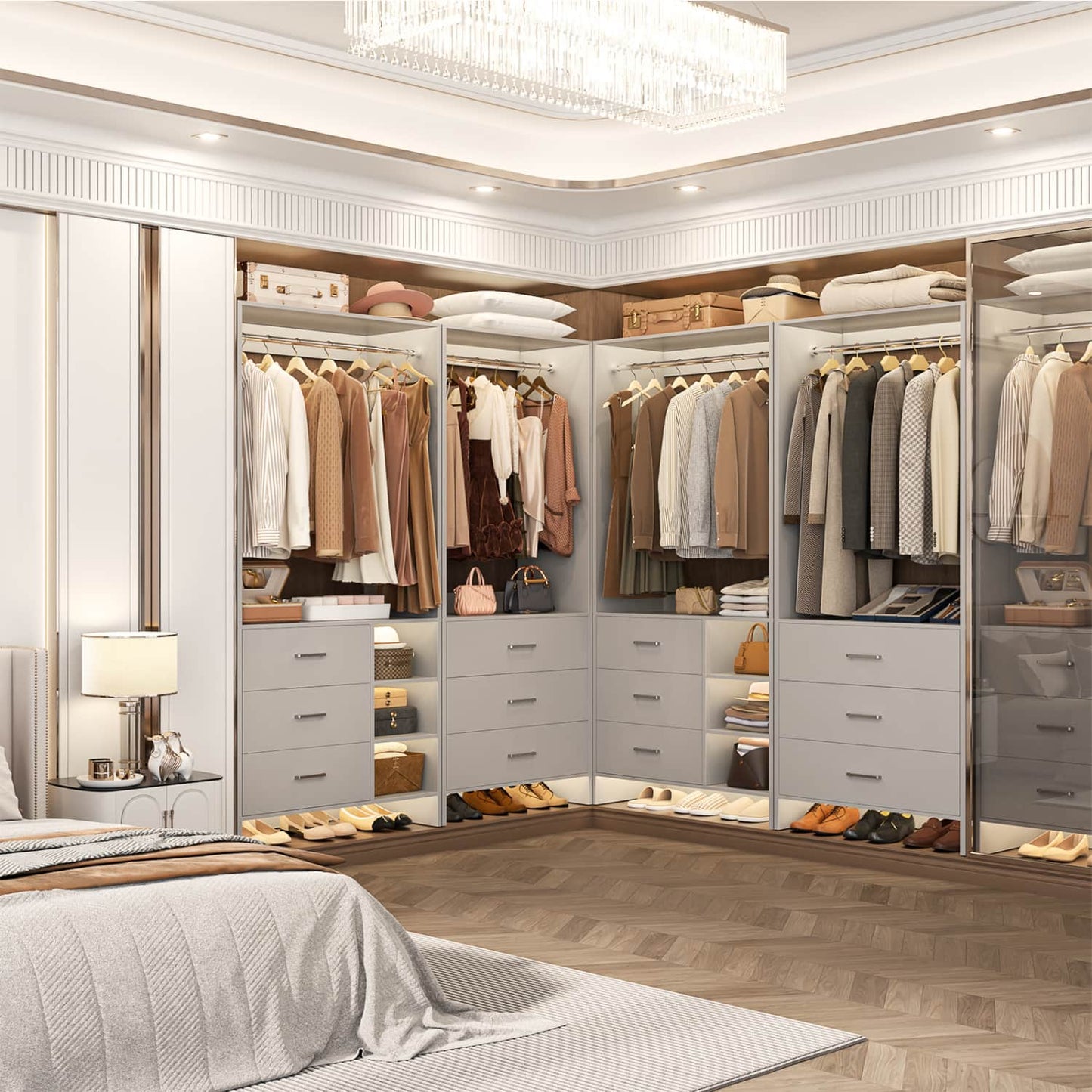54-In Closet System Set with Wood Drawers, Freestanding Closet Organizer with Hanging Rods