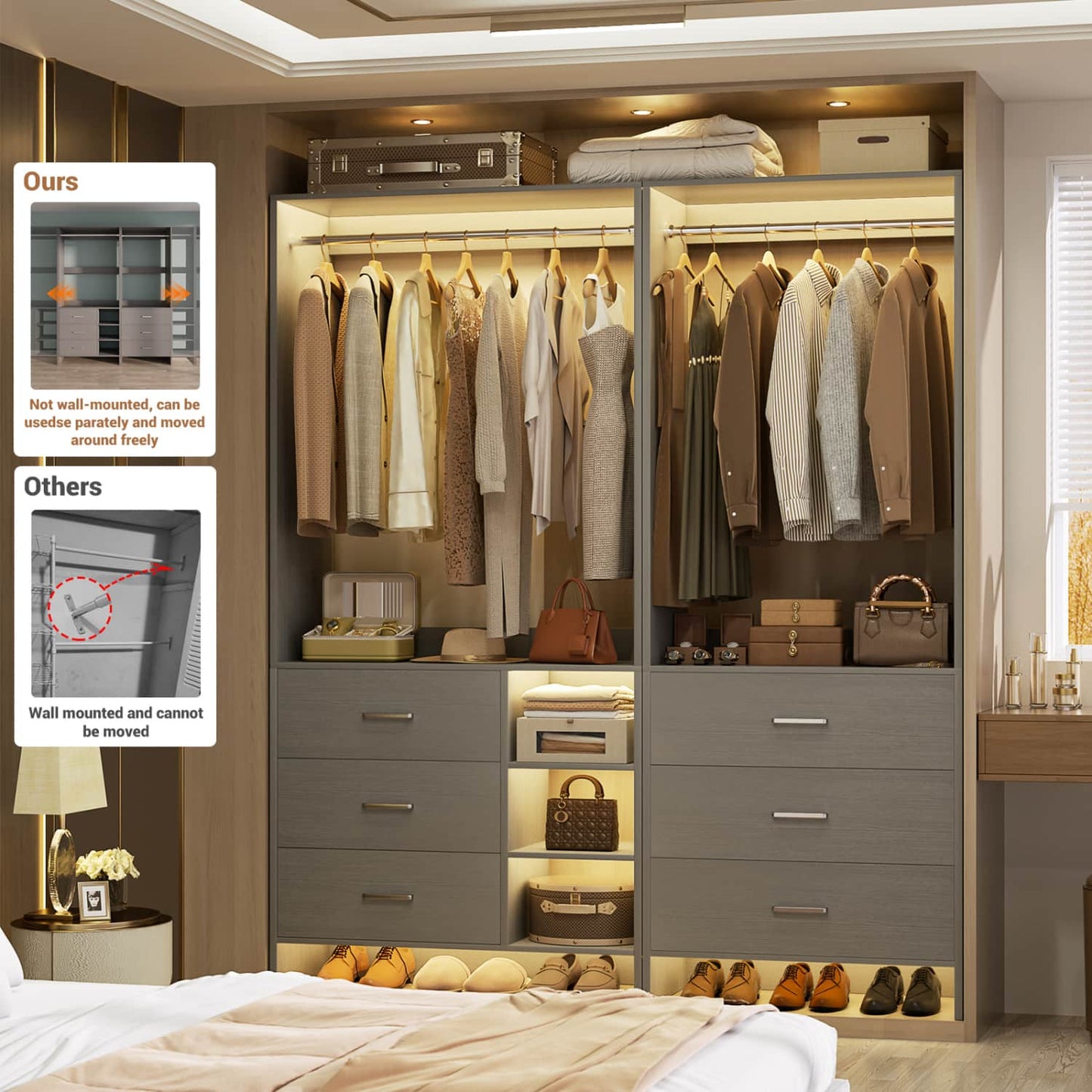 54-In Closet System Set with Wood Drawers, Freestanding Closet Organizer with Hanging Rods