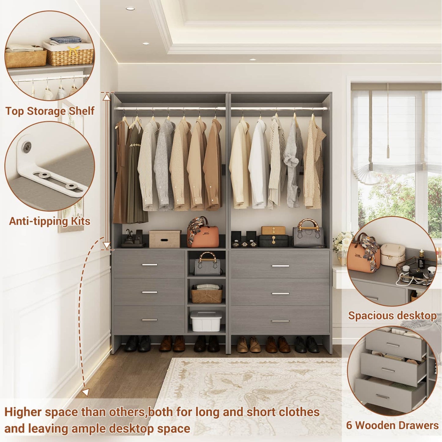 54-In Closet System Set with Wood Drawers, Freestanding Closet Organizer with Hanging Rods