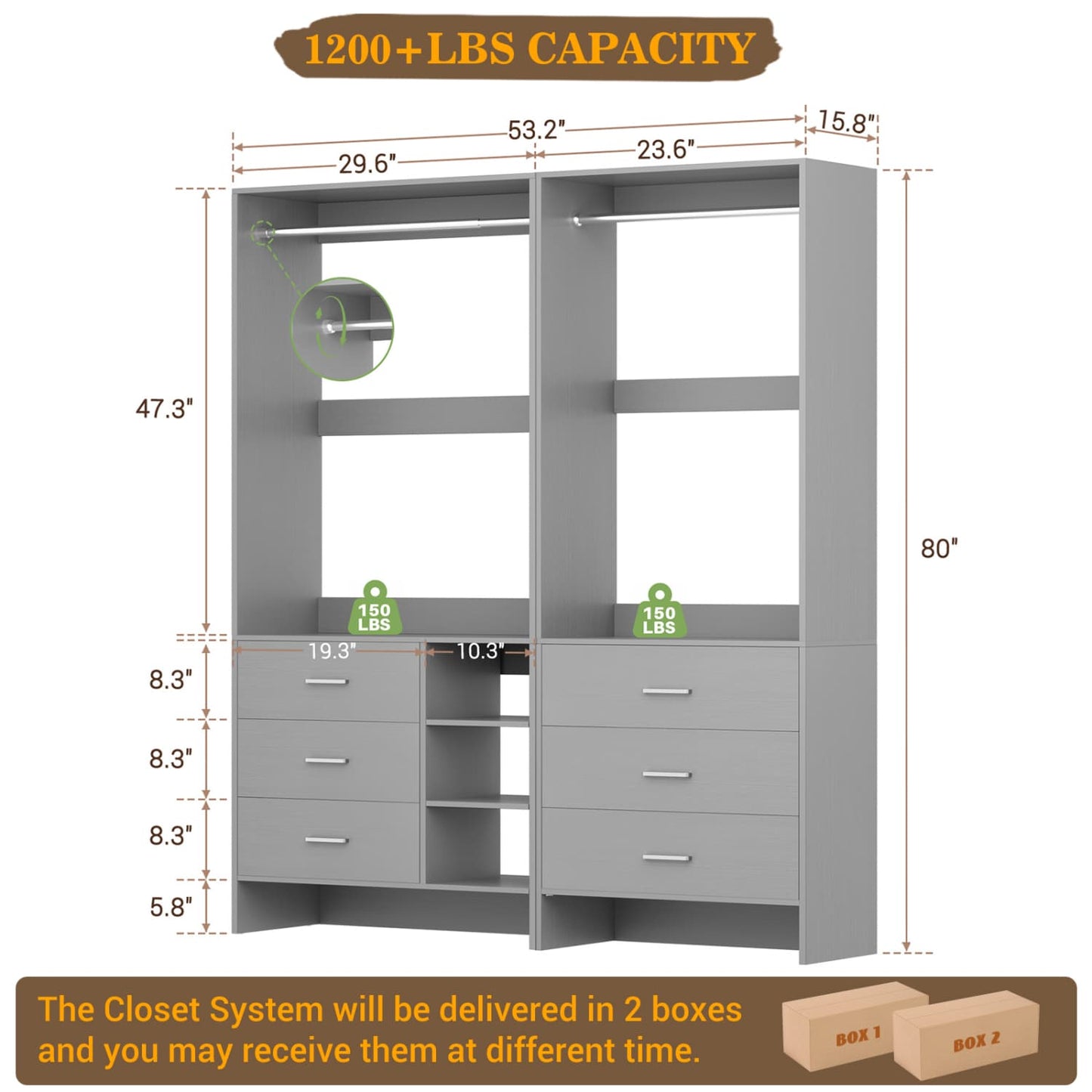 54-In Closet System Set with Wood Drawers, Freestanding Closet Organizer with Hanging Rods