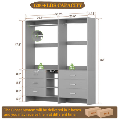 54-In Closet System Set with Wood Drawers, Freestanding Closet Organizer with Hanging Rods