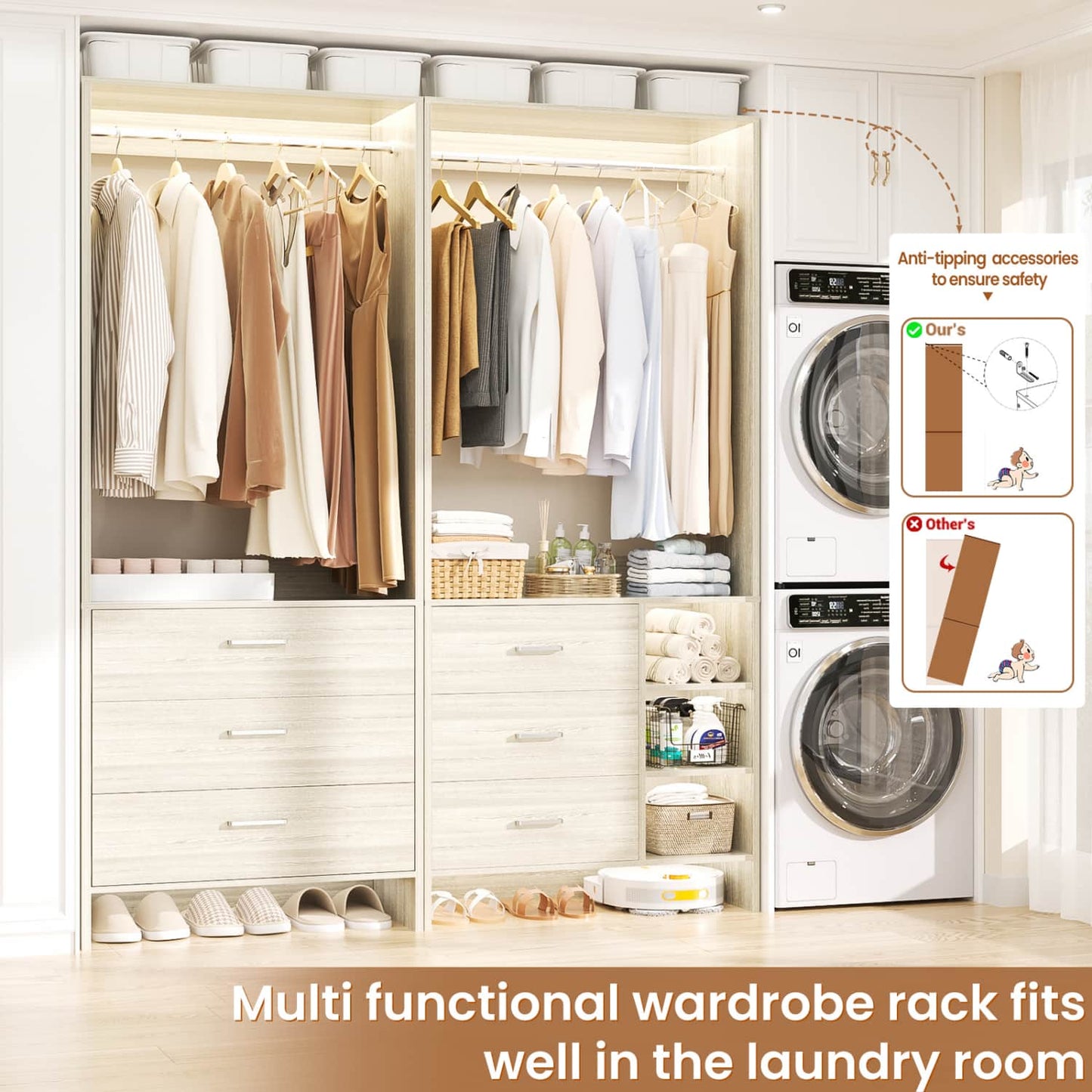 54-In Closet System Set with Wood Drawers, Freestanding Closet Organizer with Hanging Rods