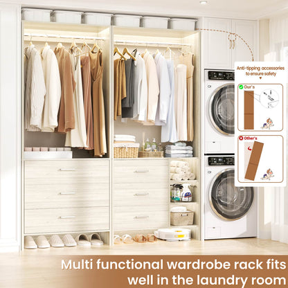 54-In Closet System Set with Wood Drawers, Freestanding Closet Organizer with Hanging Rods