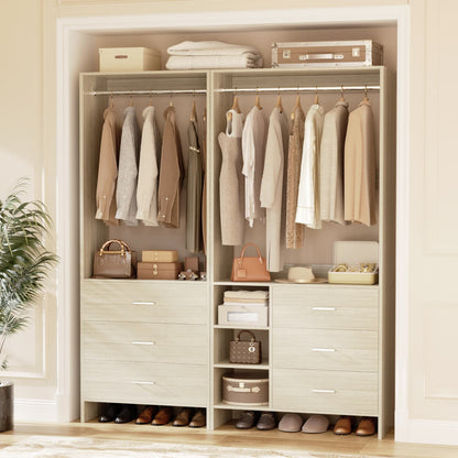 54-In Closet System Set with Wood Drawers, Freestanding Closet Organizer with Hanging Rods