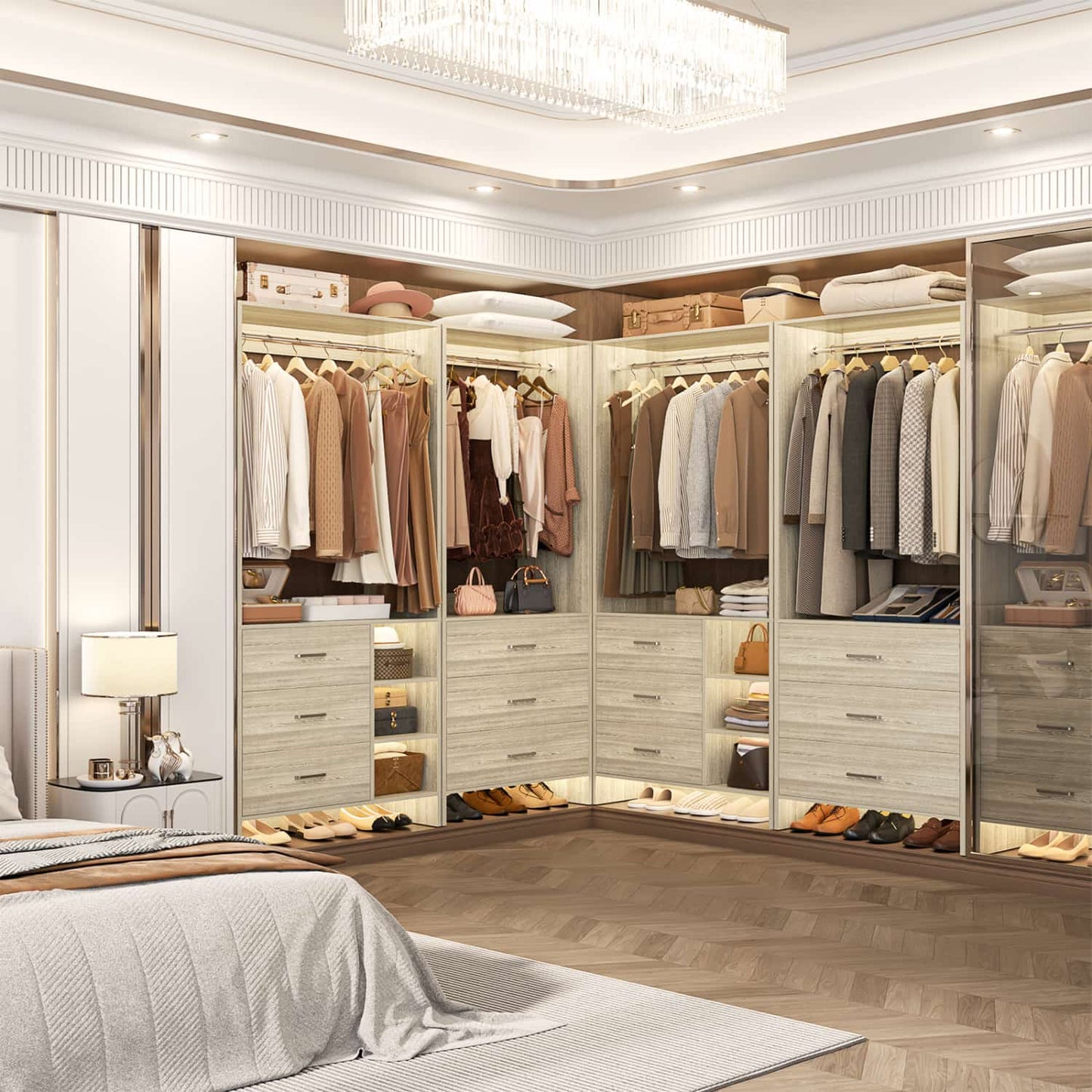 54-In Closet System Set with Wood Drawers, Freestanding Closet Organizer with Hanging Rods