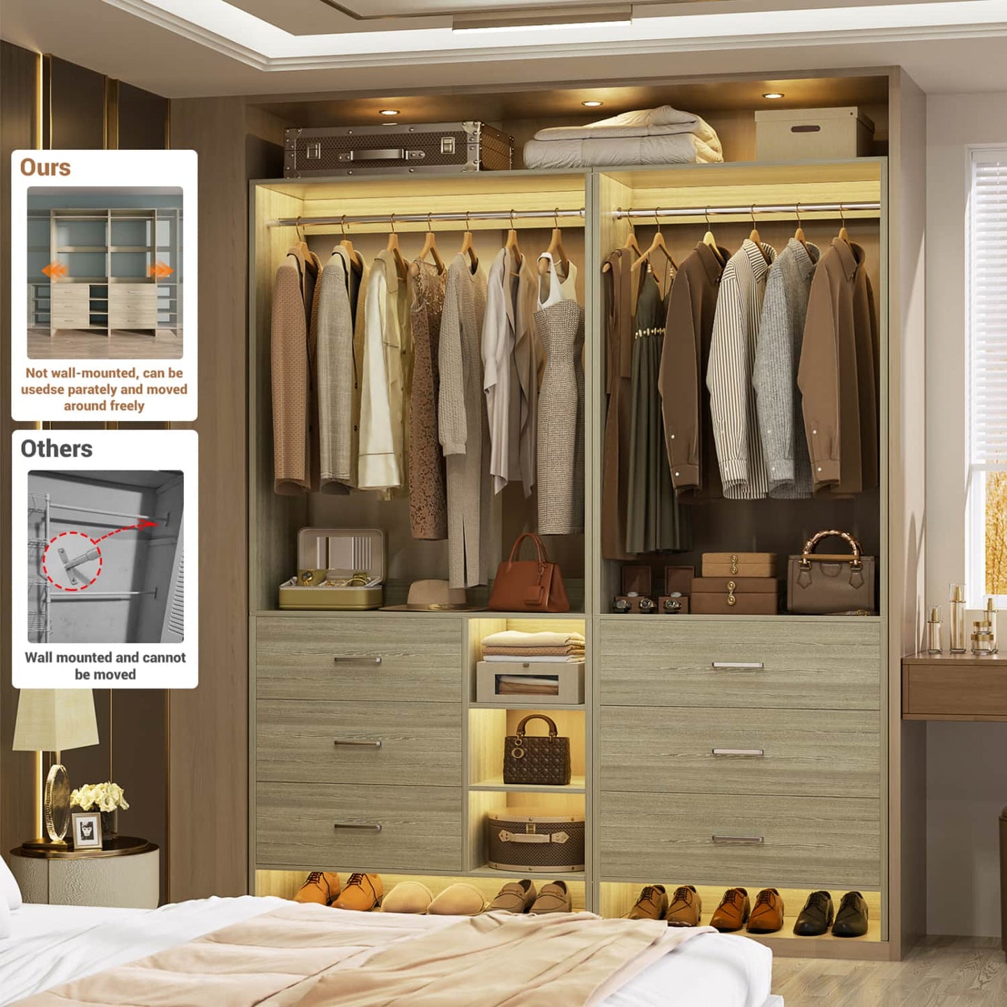 54-In Closet System Set with Wood Drawers, Freestanding Closet Organizer with Hanging Rods