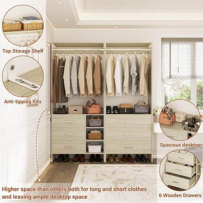 54-In Closet System Set with Wood Drawers, Freestanding Closet Organizer with Hanging Rods