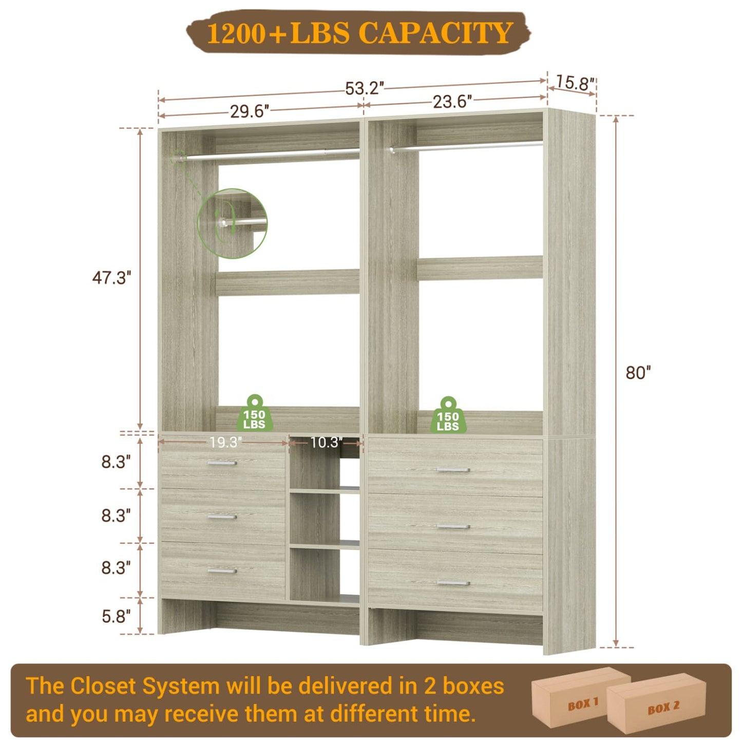 54-In Closet System Set with Wood Drawers, Freestanding Closet Organizer with Hanging Rods