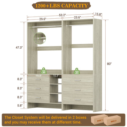 54-In Closet System Set with Wood Drawers, Freestanding Closet Organizer with Hanging Rods