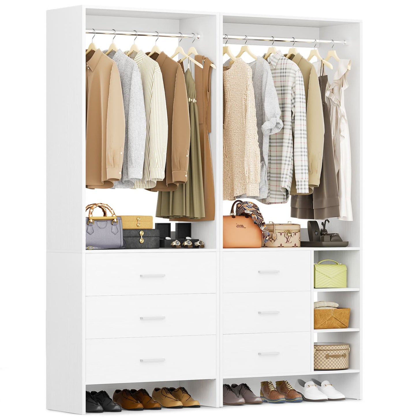 54-In Closet System Set with Wood Drawers, Freestanding Closet Organizer with Hanging Rods