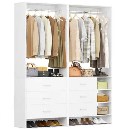 54-In Closet System Set with Wood Drawers, Freestanding Closet Organizer with Hanging Rods