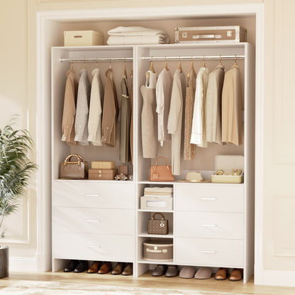 54-In Closet System Set with Wood Drawers, Freestanding Closet Organizer with Hanging Rods
