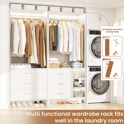 54-In Closet System Set with Wood Drawers, Freestanding Closet Organizer with Hanging Rods
