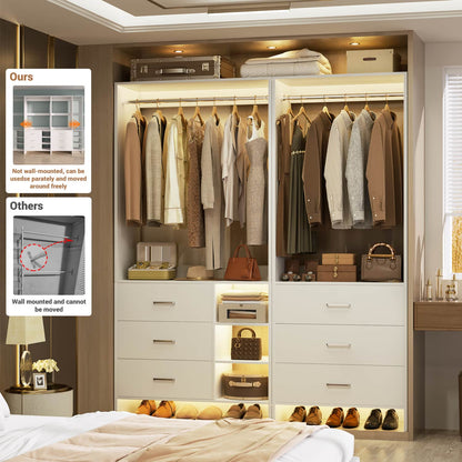 54-In Closet System Set with Wood Drawers, Freestanding Closet Organizer with Hanging Rods