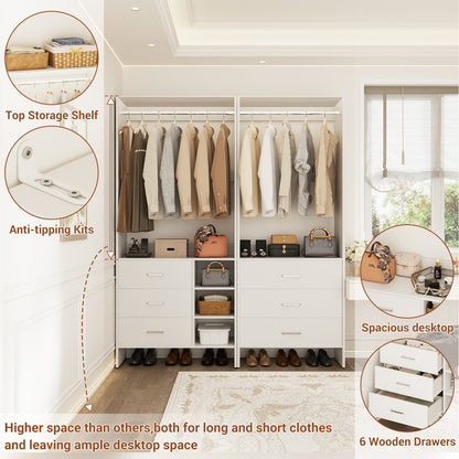 54-In Closet System Set with Wood Drawers, Freestanding Closet Organizer with Hanging Rods
