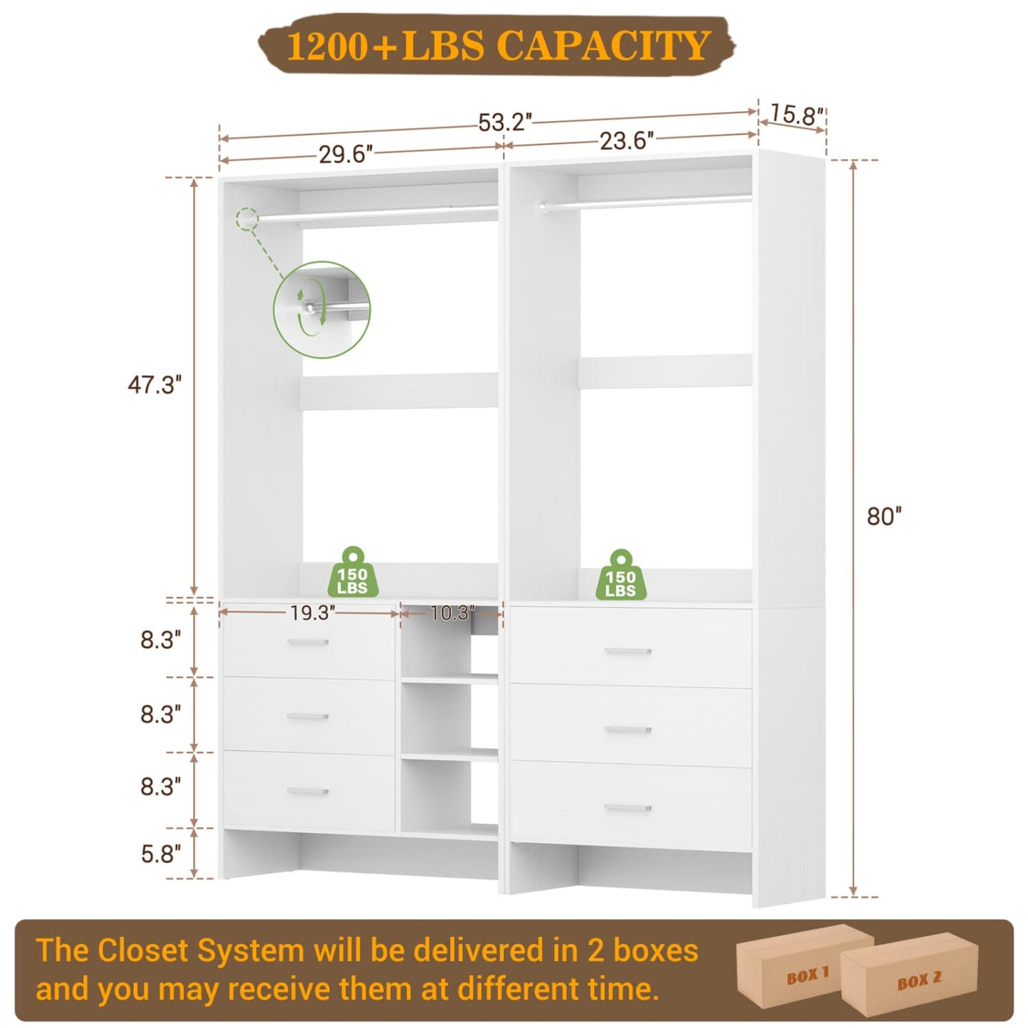 54-In Closet System Set with Wood Drawers, Freestanding Closet Organizer with Hanging Rods
