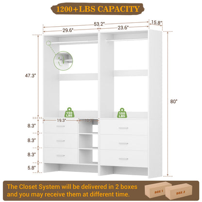 54-In Closet System Set with Wood Drawers, Freestanding Closet Organizer with Hanging Rods