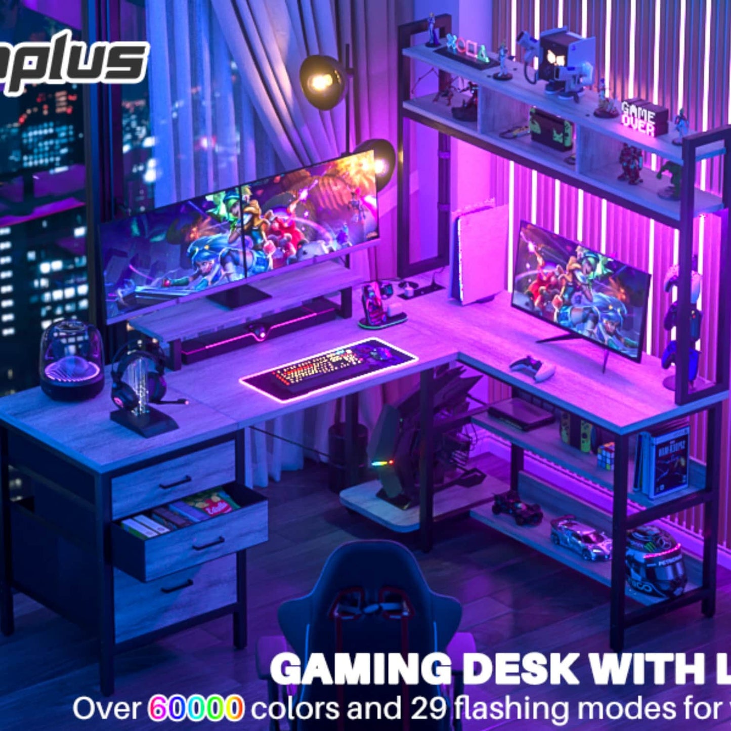 L Shaped Computer Desk with Hutch, Power Outlets, LED Lights & Storage Drawers