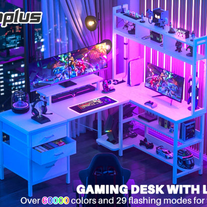 L Shaped Computer Desk with Hutch, Power Outlets, LED Lights & Storage Drawers