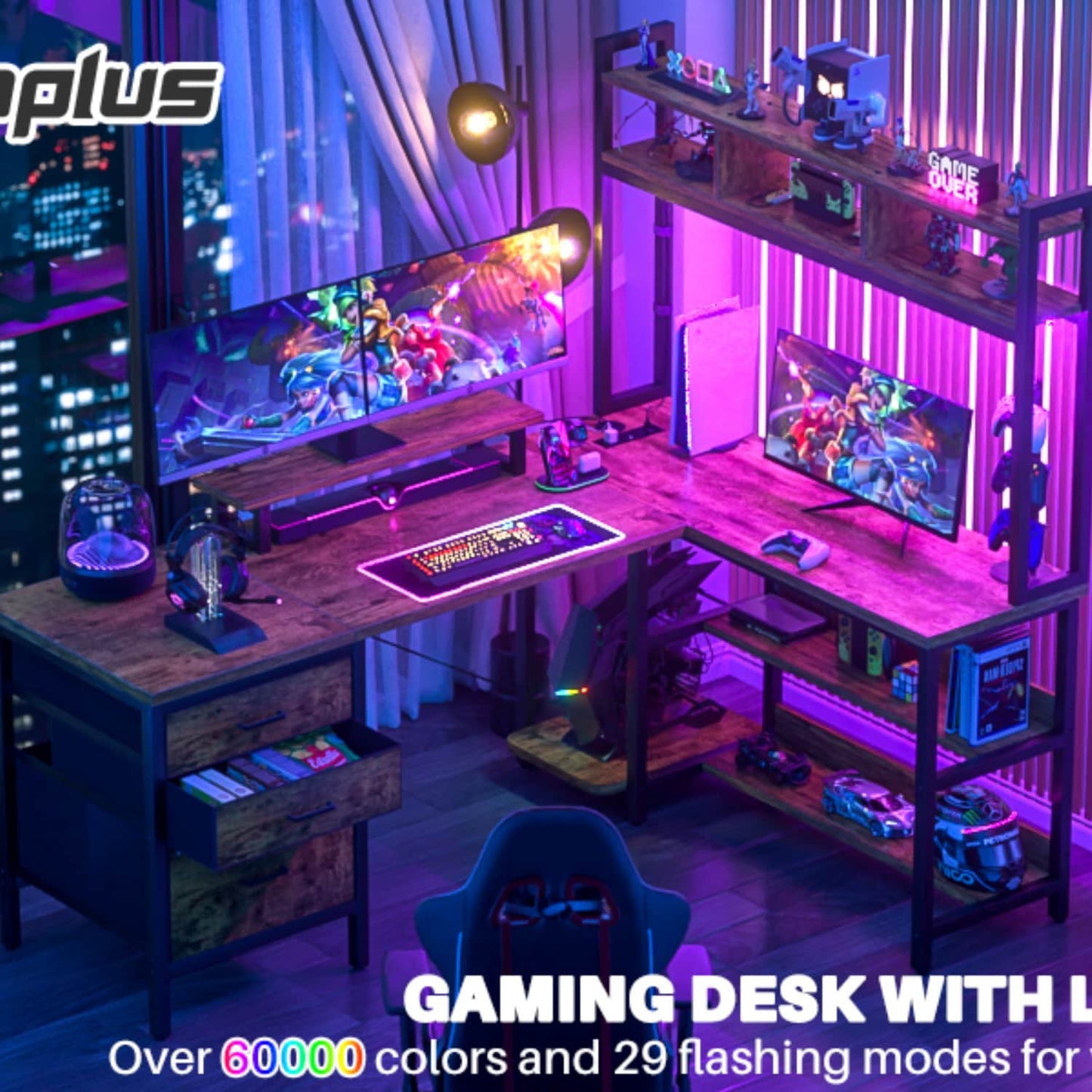 L Shaped Computer Desk with Hutch, Power Outlets, LED Lights & Storage Drawers