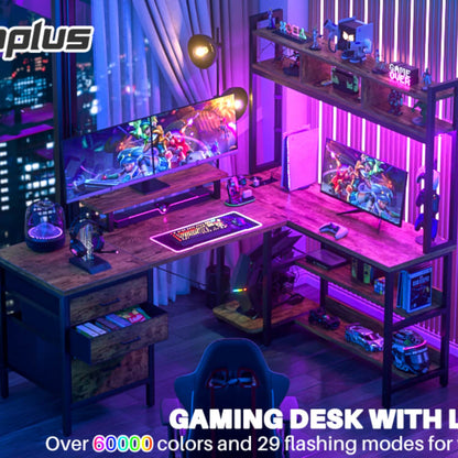 L Shaped Computer Desk with Hutch, Power Outlets, LED Lights & Storage Drawers
