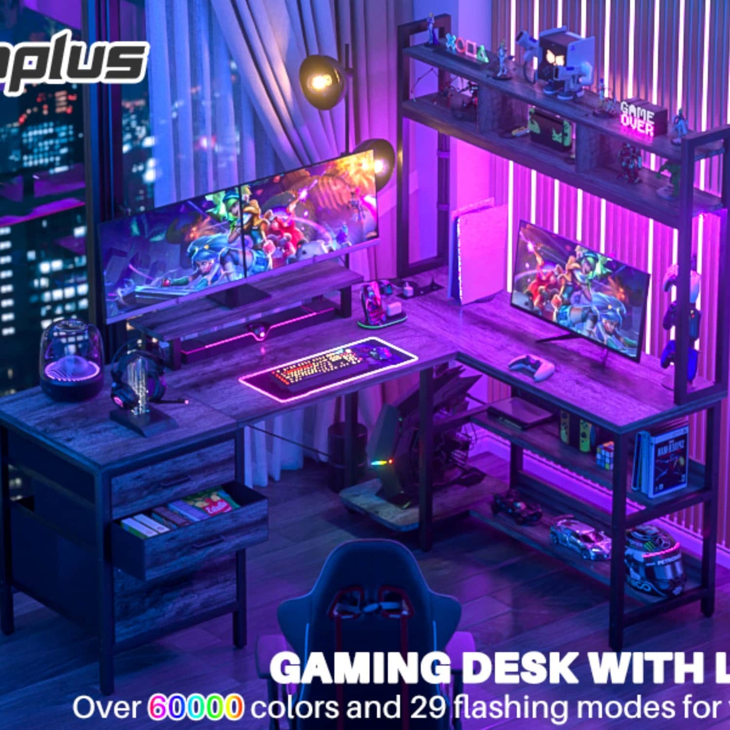 L Shaped Computer Desk with Hutch, Power Outlets, LED Lights & Storage Drawers