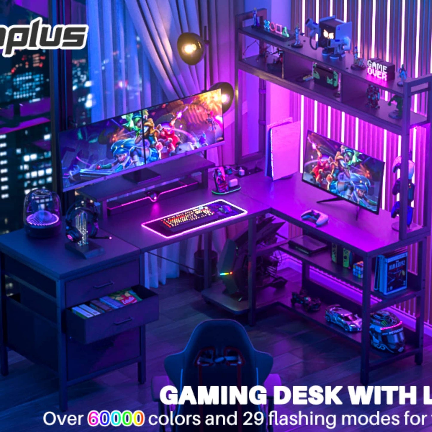 L Shaped Computer Desk with Hutch, Power Outlets, LED Lights & Storage Drawers