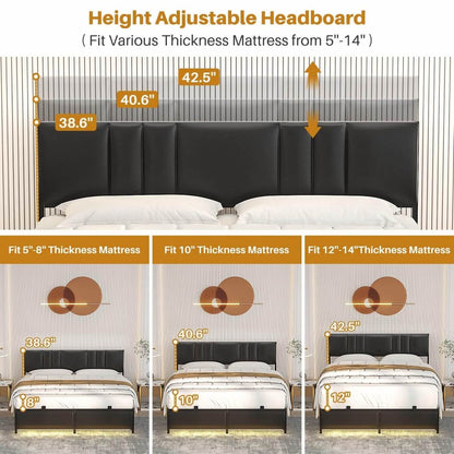 Black Bed Frame with 3 Height Adjustable Headboard, with Power Outlet & LED Light, Queen/Full/Twin Size