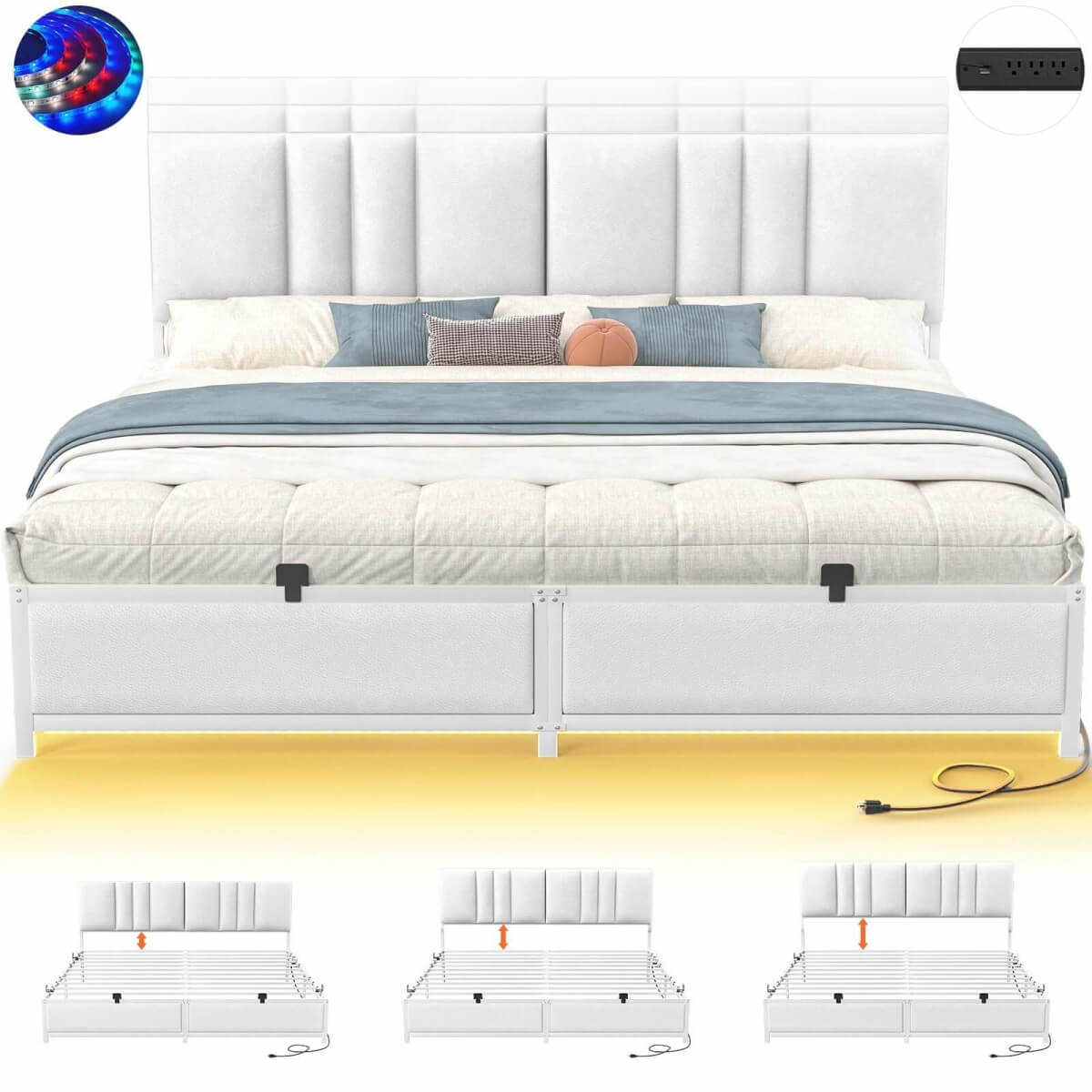 King Size Bed Frame with 3 Height Adjustable Headboard