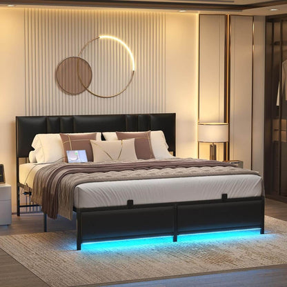 Black Bed Frame with 3 Height Adjustable Headboard, with Power Outlet & LED Light, Queen/Full/Twin Size
