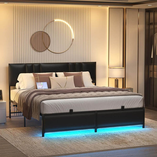 Black Bed Frame with 3 Height Adjustable Headboard, with Power Outlet & LED Light, Queen/Full/Twin Size