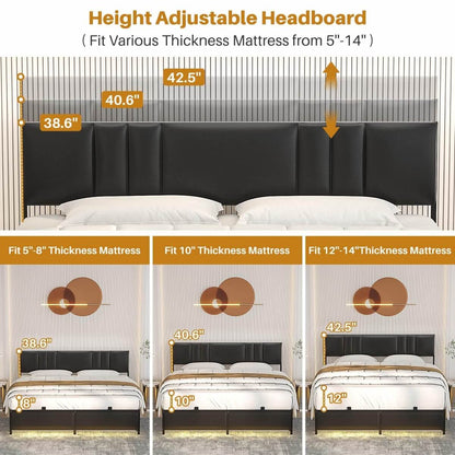 Black Bed Frame with 3 Height Adjustable Headboard, with Power Outlet & LED Light, Queen/Full/Twin Size