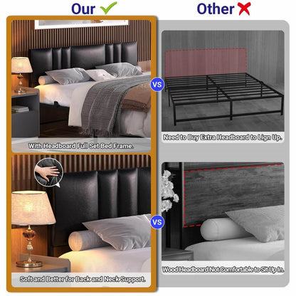 Black Bed Frame with 3 Height Adjustable Headboard, with Power Outlet & LED Light, Queen/Full/Twin Size